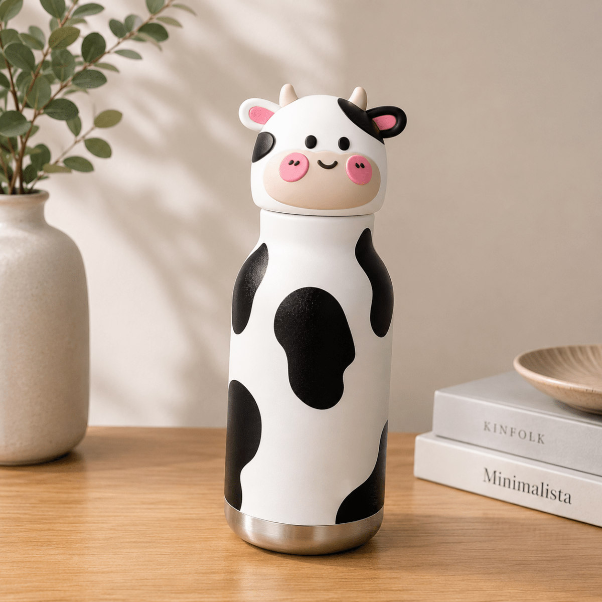Cute Animal Water BottleCartoon Kids Water BottleCrafty CuddleA cute cow-shaped water bottle with a black and white spotted pattern, pink snout and ears, and a silver stainless steel base, sitting on a wooden table next to books and a vase.Moo Moo CowCuteWaterBottle KidsWaterBottle ThermosFlask InsulatedBottle StainlessSteelBottle BackToSchoolEssentials CuteStationery KidsLifestyle ReusableBottle ChicuTomStationeryAddict