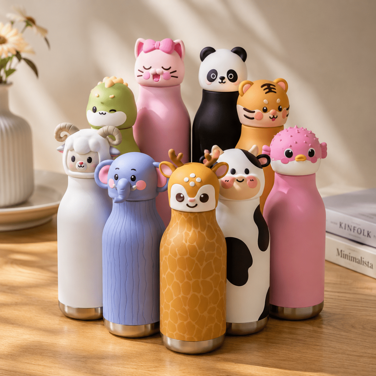 Cute Animal Water BottleCartoon Kids Water BottleCrafty CuddleA group of cute animal-shaped stainless steel water bottles arranged on a wooden table. The bottles have different animal designs including a giraffe, panda, cat, lamb, blue deer, tiger, and pink bird, with soft pastel colors and shiny metallic bases.Forest DeerCuteWaterBottle KidsWaterBottle ThermosFlask InsulatedBottle StainlessSteelBottle BackToSchoolEssentials CuteStationery KidsLifestyle ReusableBottle ChicuTomStationeryAddict