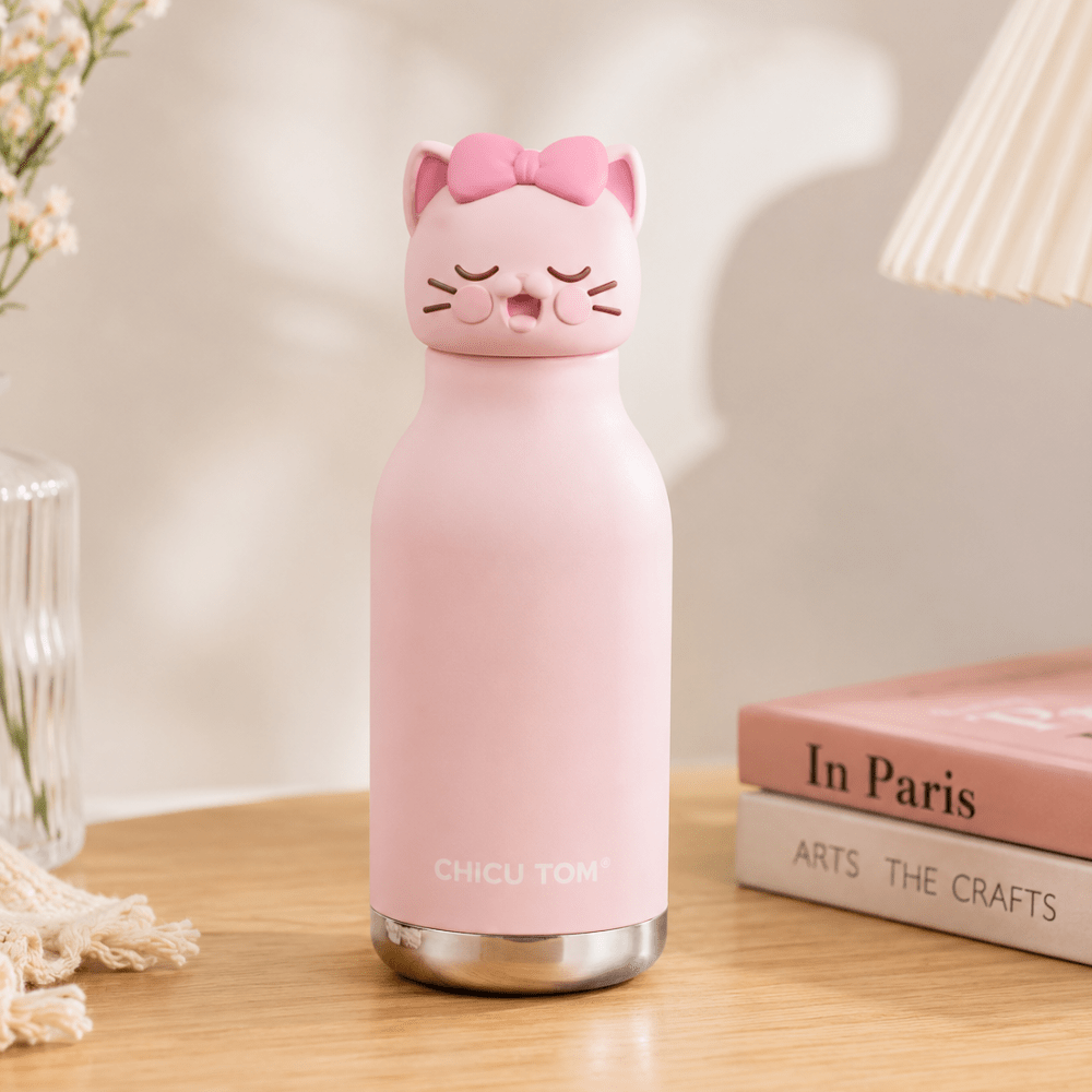 Cute Animal Water BottleCartoon Kids Water BottleCrafty CuddleA pink cat-shaped insulated bottle with a bow on the lid, standing on a wooden table next to books and a lamp.Pretty Pink CatCuteWaterBottle KidsWaterBottle ThermosFlask InsulatedBottle StainlessSteelBottle BackToSchoolEssentials CuteStationery KidsLifestyle ReusableBottle ChicuTomStationeryAddict