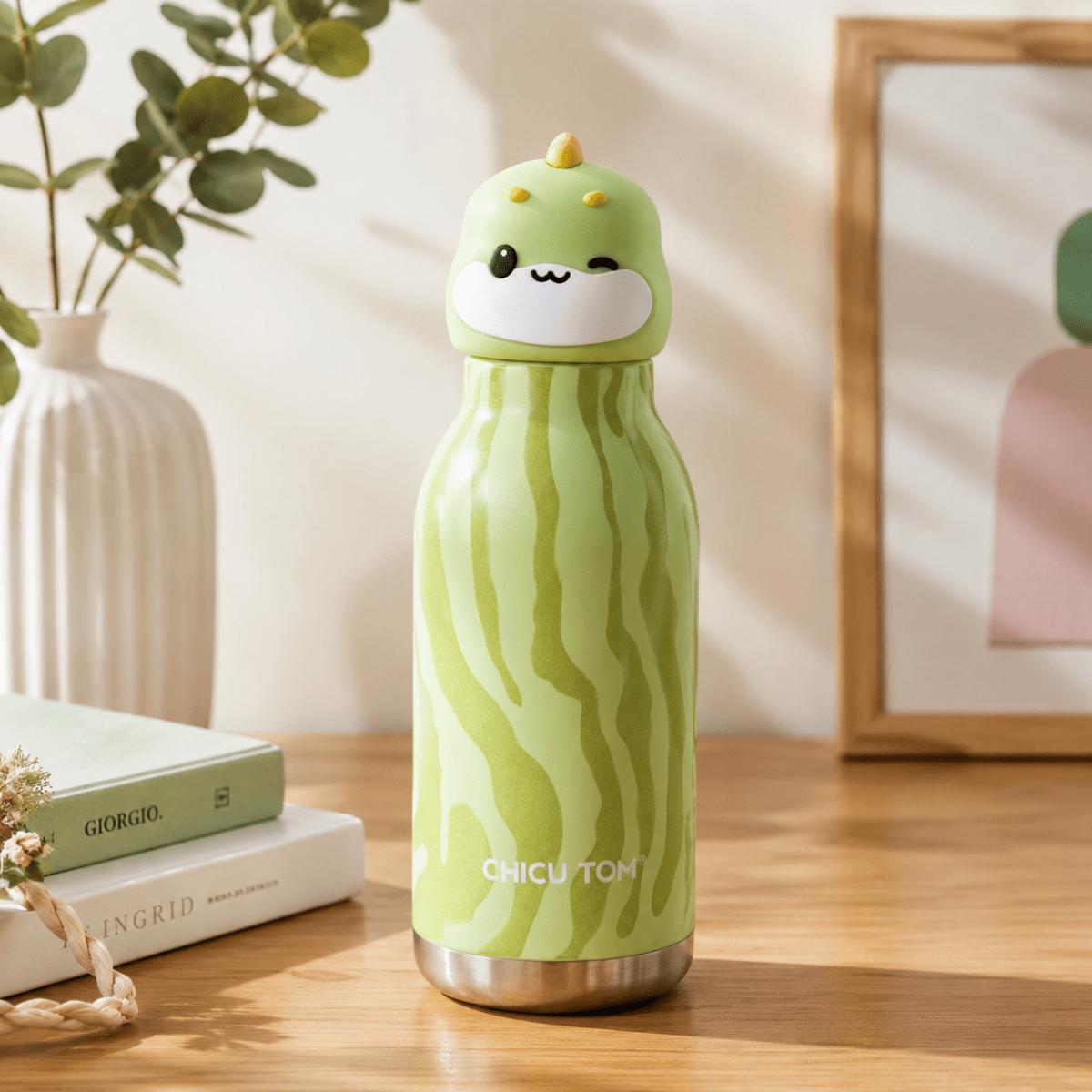 Cute Animal Water BottleCartoon Kids Water BottleCrafty CuddleA light green dinosaur-themed insulated bottle with a cute dinosaur character on the lid, standing on a wooden table in a styled room setting.Dino BuddyCuteWaterBottle KidsWaterBottle ThermosFlask InsulatedBottle StainlessSteelBottle BackToSchoolEssentials CuteStationery KidsLifestyle ReusableBottle ChicuTomStationeryAddict