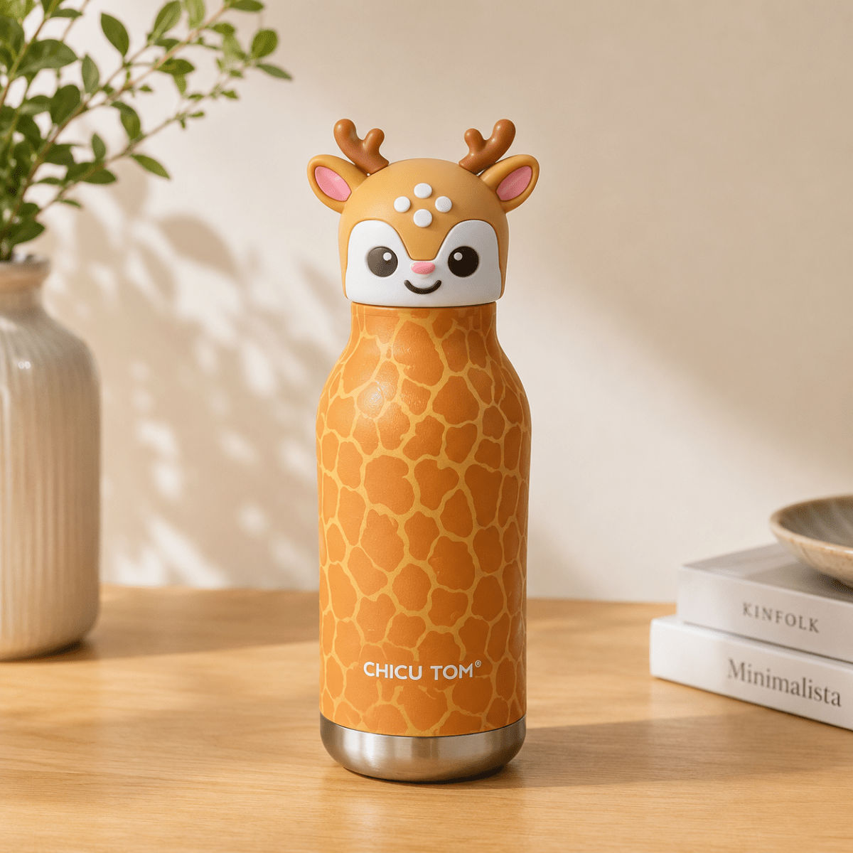 Cute Animal Water BottleCartoon Kids Water BottleCrafty CuddleA giraffe-themed insulated water bottle with a cute deer head lid, standing on a wooden table with a vase and books in the background.Forest DeerCuteWaterBottle KidsWaterBottle ThermosFlask InsulatedBottle StainlessSteelBottle BackToSchoolEssentials CuteStationery KidsLifestyle ReusableBottle ChicuTomStationeryAddict