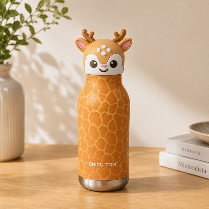 Cute Animal Water BottleCartoon Kids Water BottleCrafty CuddleA giraffe-themed insulated water bottle with a cute deer head lid, standing on a wooden table with a vase and books in the background.Forest DeerCuteWaterBottle KidsWaterBottle ThermosFlask InsulatedBottle StainlessSteelBottle BackToSchoolEssentials CuteStationery KidsLifestyle ReusableBottle ChicuTomStationeryAddict