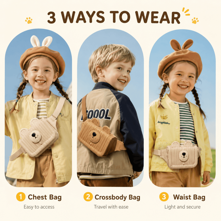 Cute Bear Kids Waist BagKids BagsCrafty CuddleThree children modeling a bear-face crossbody bag in different ways: as a chest bag, crossbody bag, and waist bag. The image is titled &