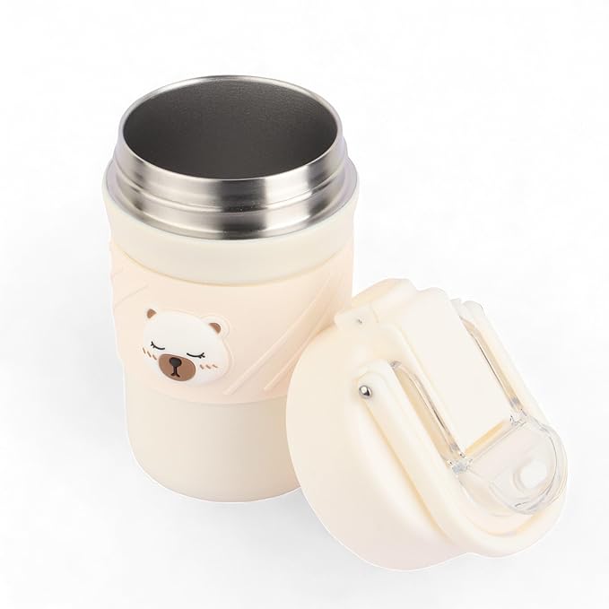 Cute Bear Tumbler opened to show straw lid and wide-mouth design, perfect for easy sipping and leak-proof hydration on the go