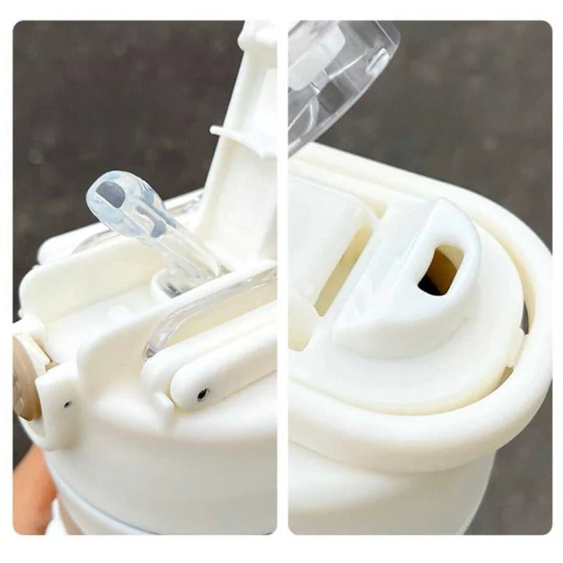 Detailed view of water bottle caps – showcasing one-click lid, secure locking mechanism, leak-proof design, and straw opening, perfect for kids and adults