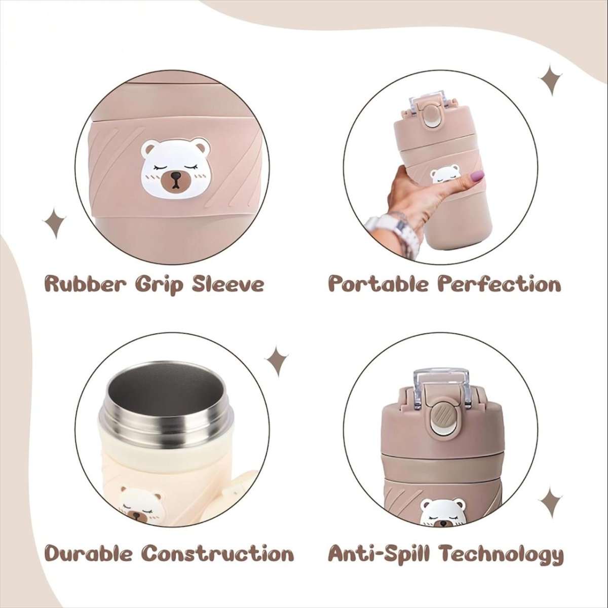 Cute Bear Tumbler features image with 4 icons – rubber grip sleeve for secure hold, portable design for travel, durable construction for long-lasting use, and anti-spill technology for mess-free sipping