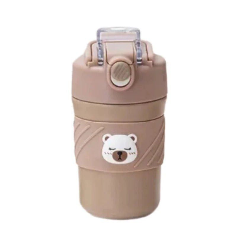 450ml light brown Cute Bear Tumbler with straw, leak-proof lid, and rubber grip sleeve – portable water bottle for kids and adults