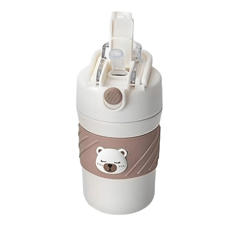 450ml skin-colored bear-themed water bottle with anti-spill straw lid and silicone grip for comfortable, everyday use