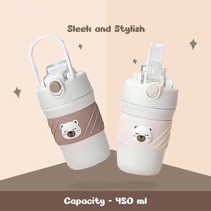 Two 450ml Cute Bear Tumblers with straw – leak-proof and BPA-free kids’ water bottles in soft pastel colors, ideal for school, travel, and daily hydration.