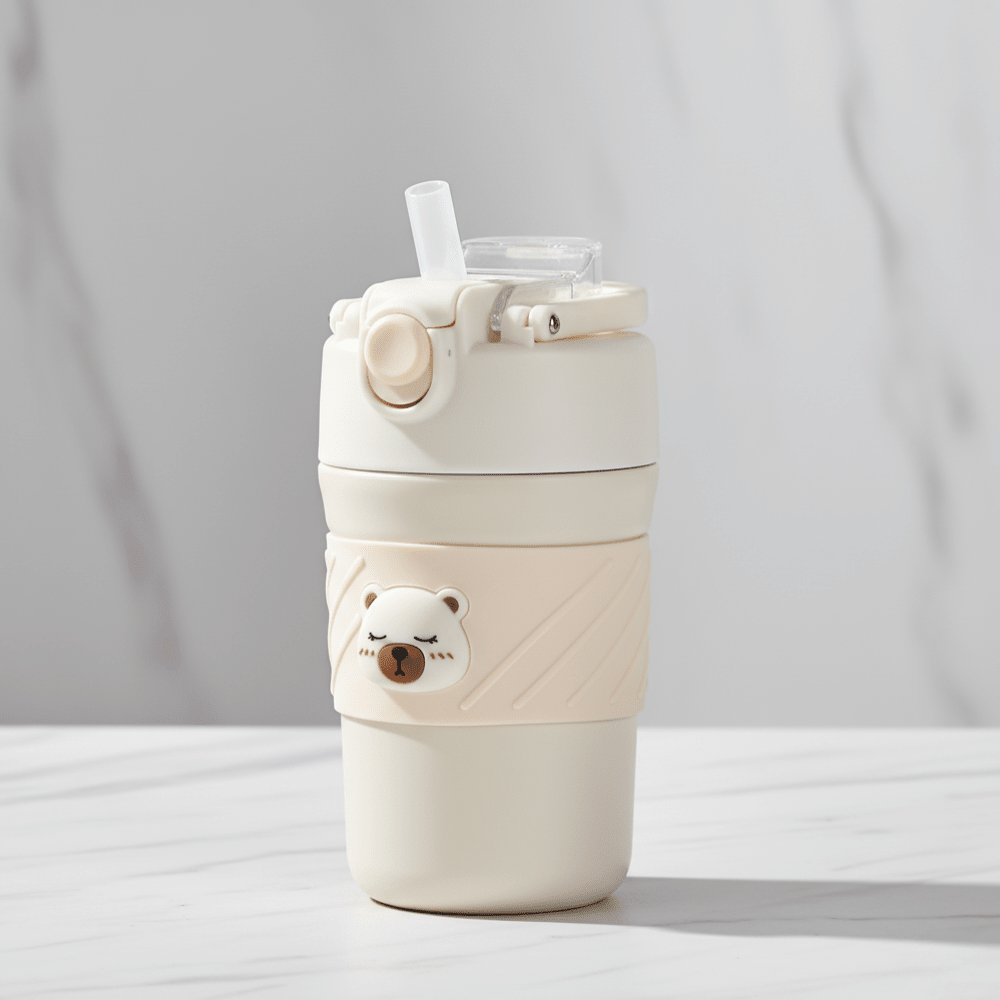 Cute Bear Vacuum CupBear Tumbler with StrawCrafty CuddleCream - colored tumbler with a bear design on a light gray backgroundCream450ml water bottleanti spill bottle