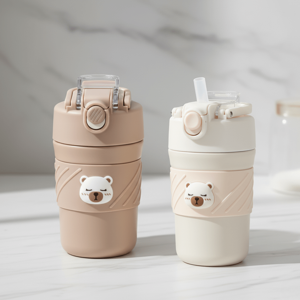 Cute Bear Vacuum CupBear Tumbler with StrawCrafty CuddleTwo bear - themed water bottles on a light surface with a neutral backgroundCream450ml water bottleanti spill bottle