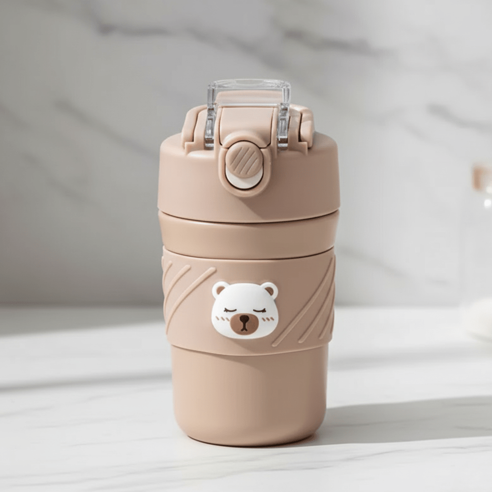 Cute Bear Vacuum CupBear Tumbler with StrawCrafty CuddleWater bottle with bear design on a light backgroundBrown450ml water bottleanti spill bottle