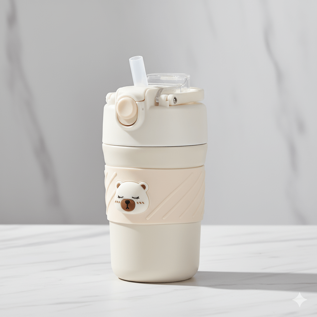 Cute Bear Vacuum CupBear Tumbler with StrawCRAFTY CUDDLEChildren's tumbler with bear design on a light gray backgroundBear Tumbler - 2Cream🤍450ml water bottleanti spill bottle