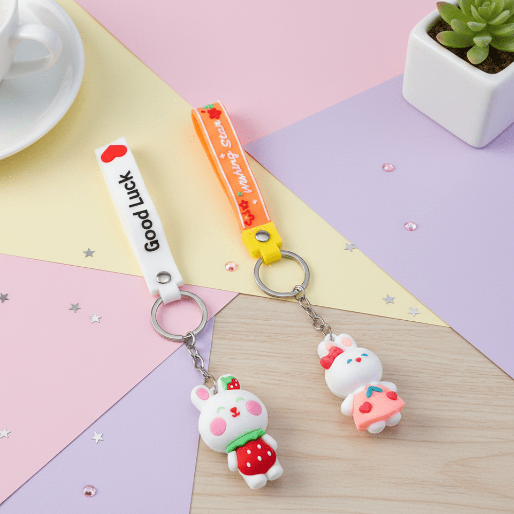 Cute Bunny KeychainKeychainsCRAFTY CUDDLETwo keychains on a colorful geometric - patterned surface with a small plant in the background.1BunnyKeychain CuteKeyring KawaiiAccessories GirlsBagCharm CartoonKeychain KidsReturnGifts BackpackCharm RabbitKeychain TrendyKeyrings GiftForGirls