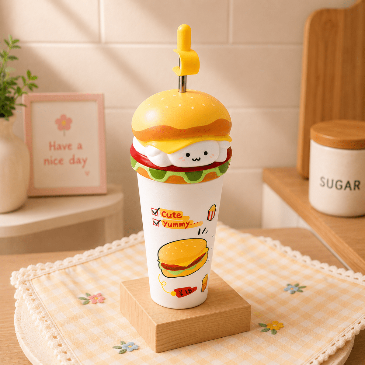 Cute Burger Stainless Steel Sipper CupSipper for kidsCrafty CuddleA novelty drink cup with a cute burger-themed lid and straw, displayed on a wooden block in a warm, styled kitchen setting.Yellowstainless steel cupburger sipper cup