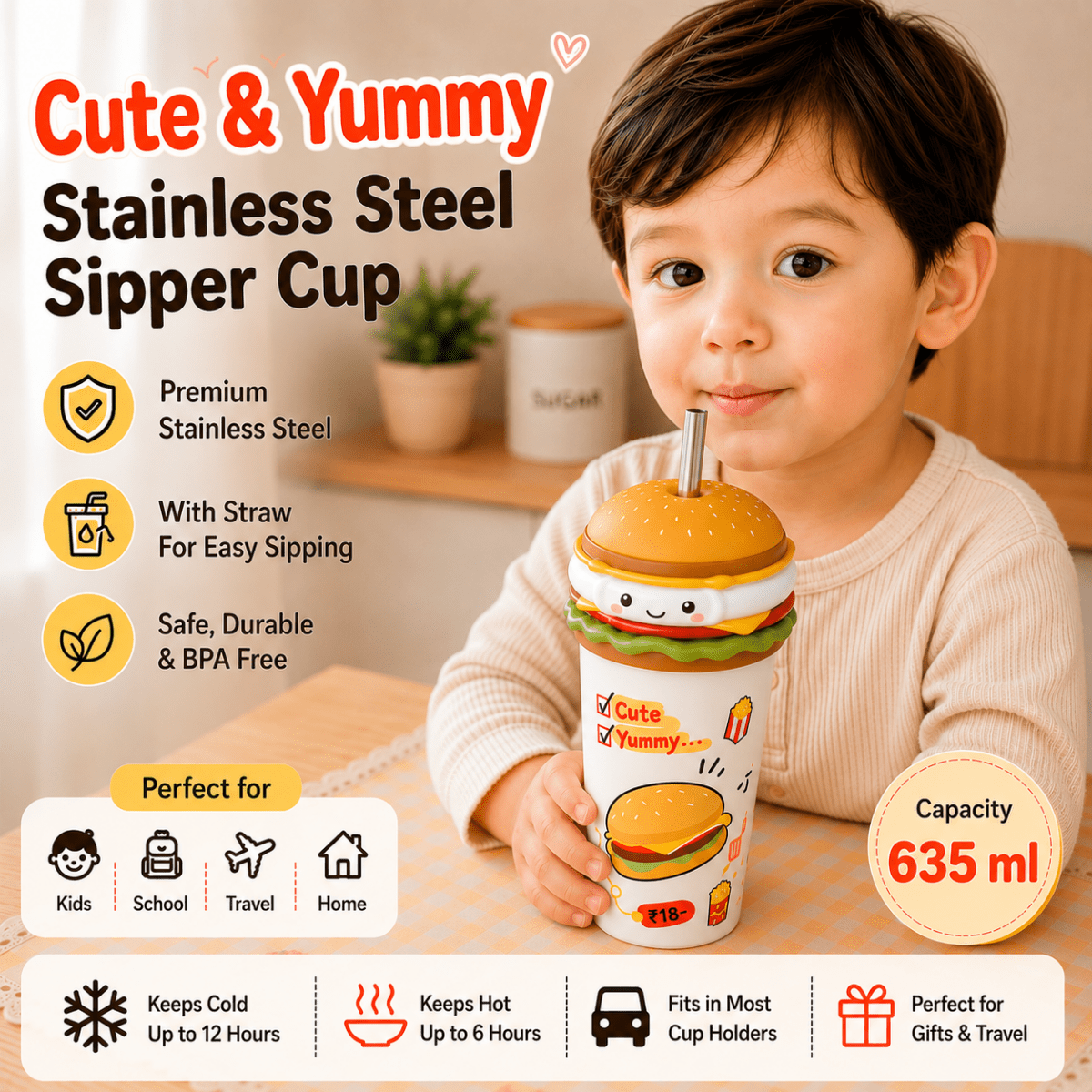Cute Burger Stainless Steel Sipper CupSipper for kidsCrafty CuddleA child holding a cute stainless steel sipper cup with a straw, set in a warm kitchen environment with promotional text overlays highlighting its features.Yellowstainless steel cupburger sipper cup