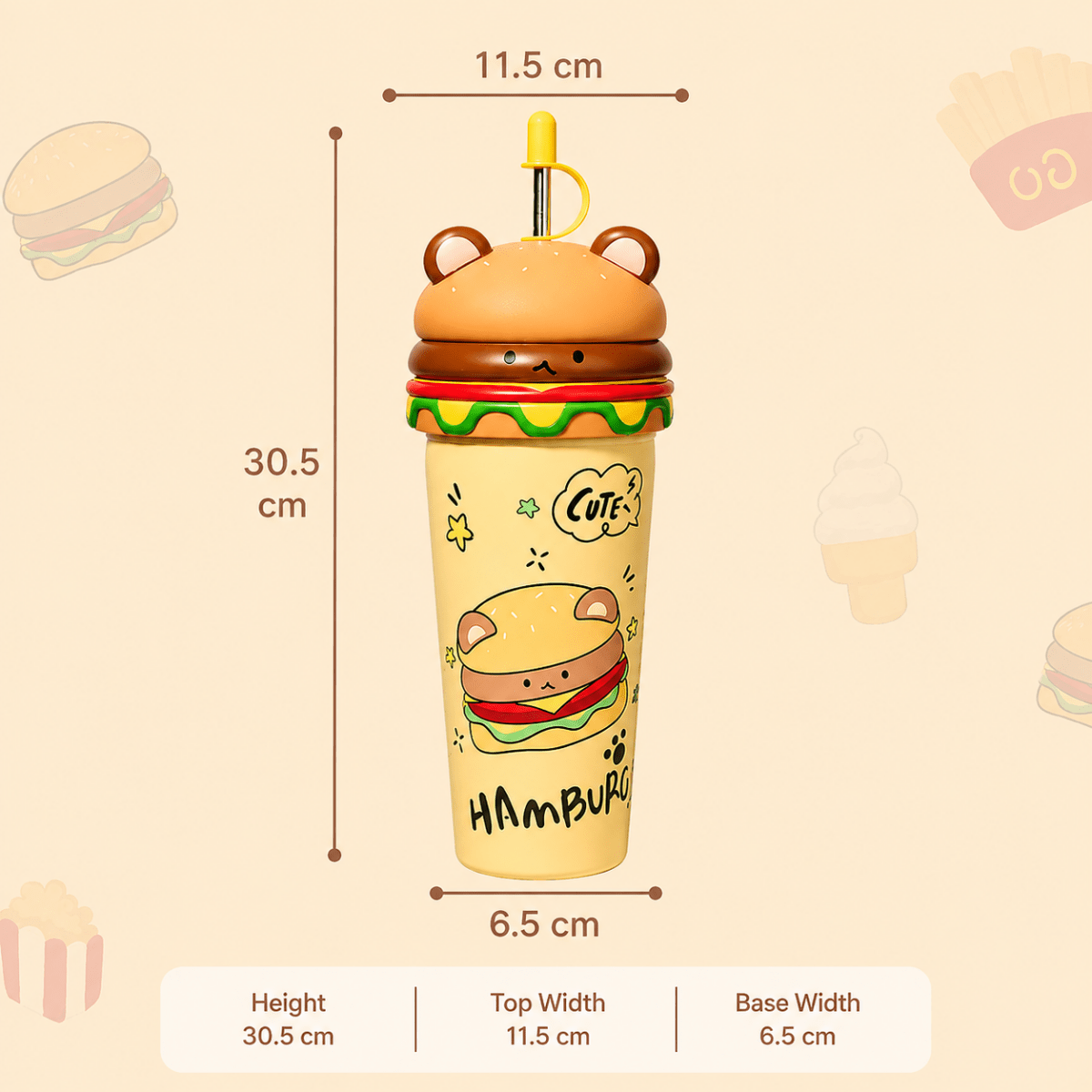 Cute Burger Stainless Steel Sipper CupSipper for kidsCrafty CuddleA cute bear-themed hamburger cup with a straw, shown with dimension lines and labels indicating a height of 30.5 cm, top width of 11.Yellowstainless steel cupburger sipper cup
