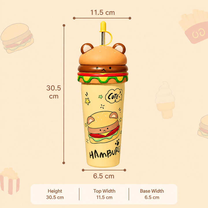 Cute Burger Stainless Steel Sipper CupSipper for kidsCrafty CuddleA cute bear-themed hamburger cup with a straw, shown with dimension lines and labels indicating a height of 30.5 cm, top width of 11.Yellowstainless steel cupburger sipper cup