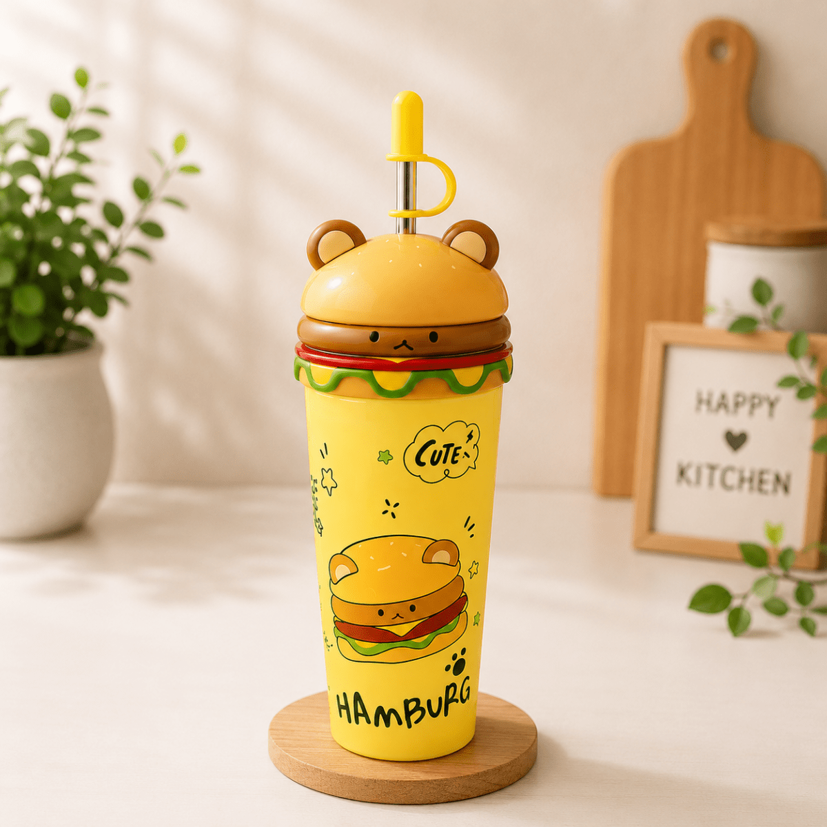 Cute Burger Stainless Steel Sipper CupSipper for kidsCrafty CuddleA cute yellow hamburger-themed tumbler cup with a matching lid and straw, styled on a wooden coaster in a warm kitchen setting.Yellowstainless steel cupburger sipper cup