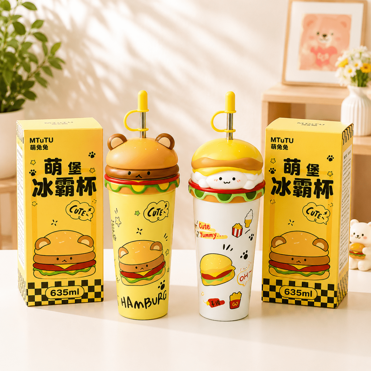 Cute Burger Stainless Steel Sipper CupSipper for kidsCrafty CuddleTwo cute hamburger-themed ice water cups with lids and straw, shown alongside their yellow MTuTUU product boxes on a light tabletop. The cups feature cartoon burger faces and food illustrations, with one cup in pale yellow and one in white with yellow accents.Whitestainless steel cupburger sipper cup