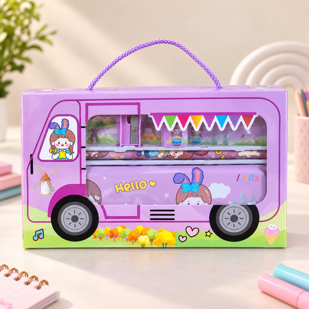 Cute Bus Design School Stationery SetKids Stationery SetCrafty CuddleA pink and purple cartoon bus-shaped gift box with a purple handle, shown on a light tabletop. The box has a transparent side window revealing colorful items inside, with bunny and flower illustrations and the word "HELLO" printed on the front.Purple