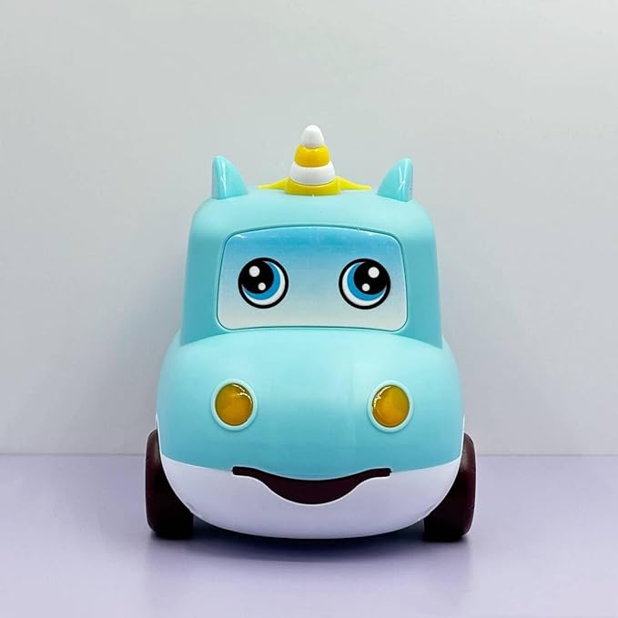Blue car-shaped piggy bank with front view showing keypad and passcode lock – fun savings box for kids