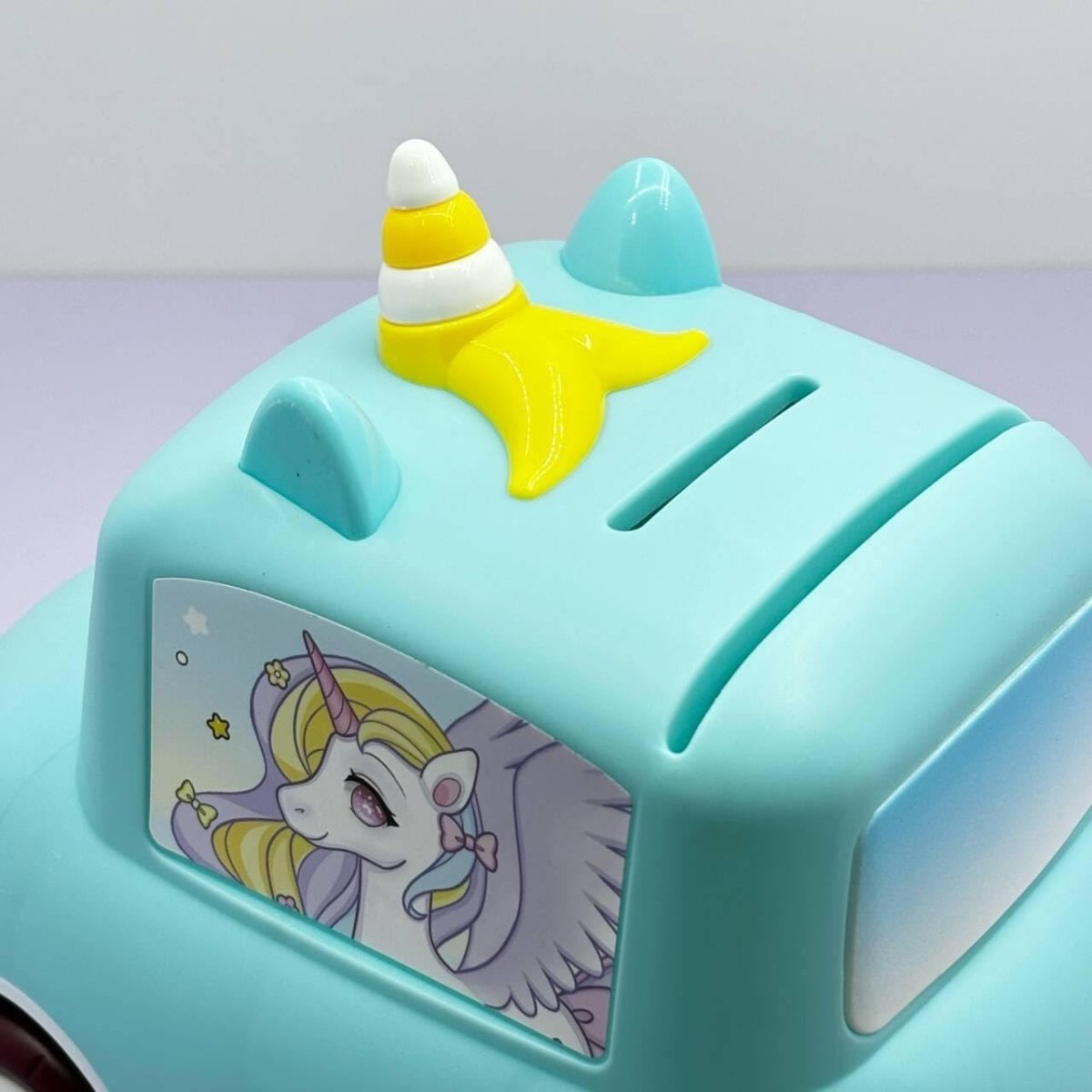 Car Piggy Bank showing front view showing keypad and passcode lock – fun savings box for kids
