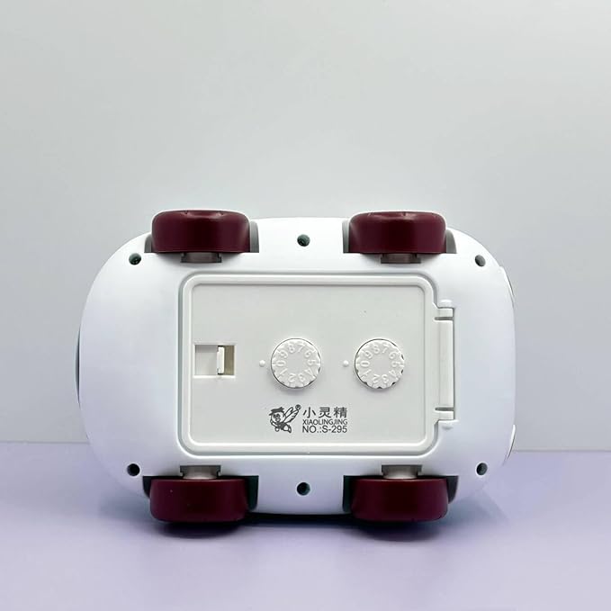 Bottom view of car-shaped piggy bank showing battery compartment, red wheels, and control dials – secure and interactive kids&