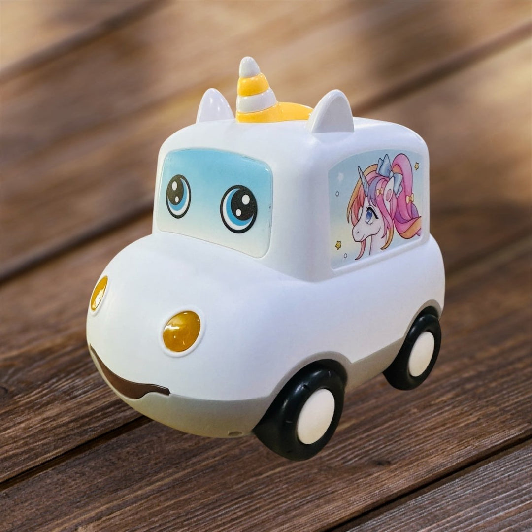 Side view of white unicorn-themed car piggy bank with pastel details and secure passcode lock – magical savings toy for kids
