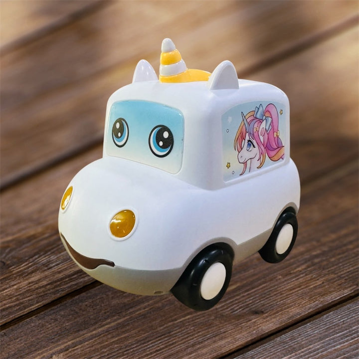 Side view of white unicorn-themed car piggy bank with pastel details and secure passcode lock – magical savings toy for kids