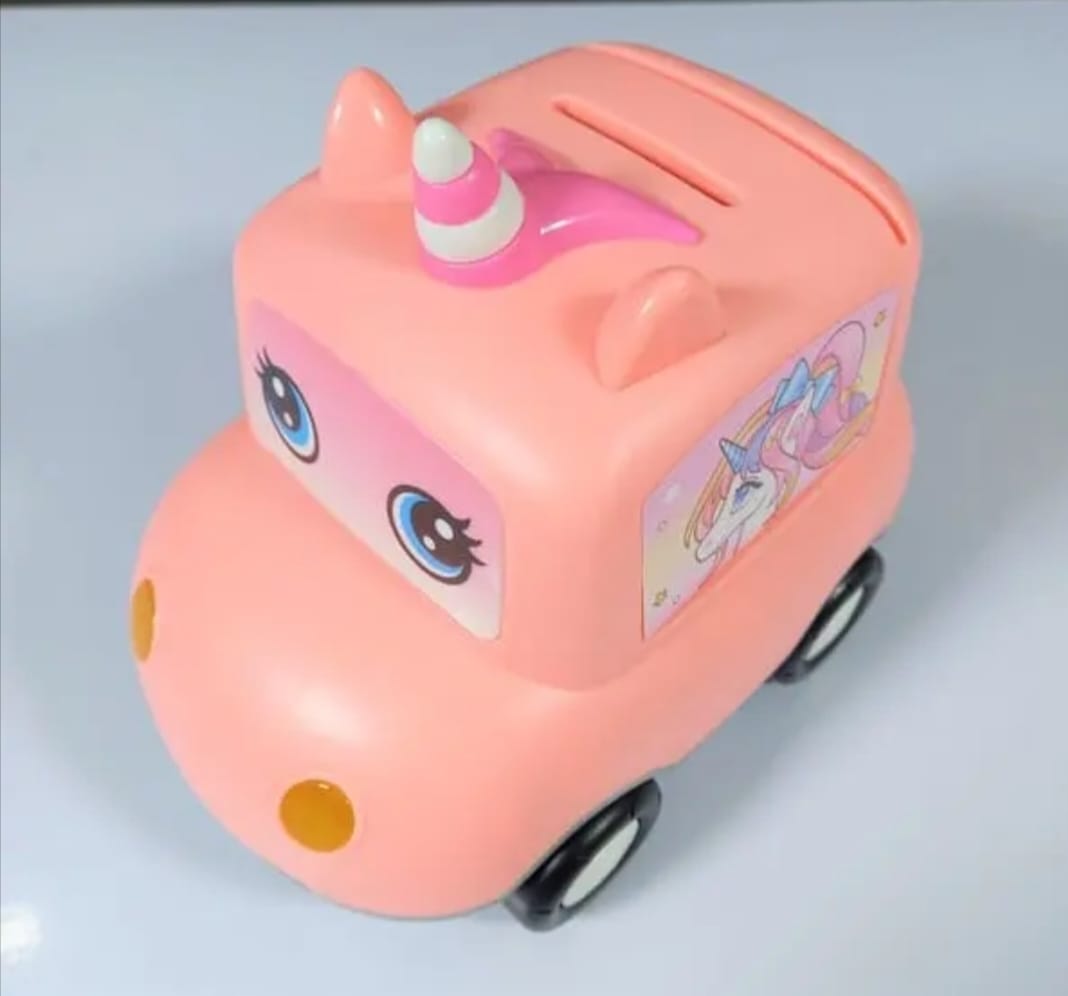 Peach-colored car piggy bank with visible coin slot on top and passcode lock – cute savings toy for kids