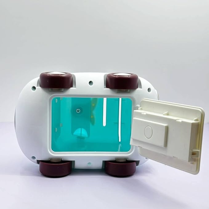 Bottom view of car piggy bank with open battery compartment, red wheels, and visible control dials – interactive and secure kids’ money-saving toy

