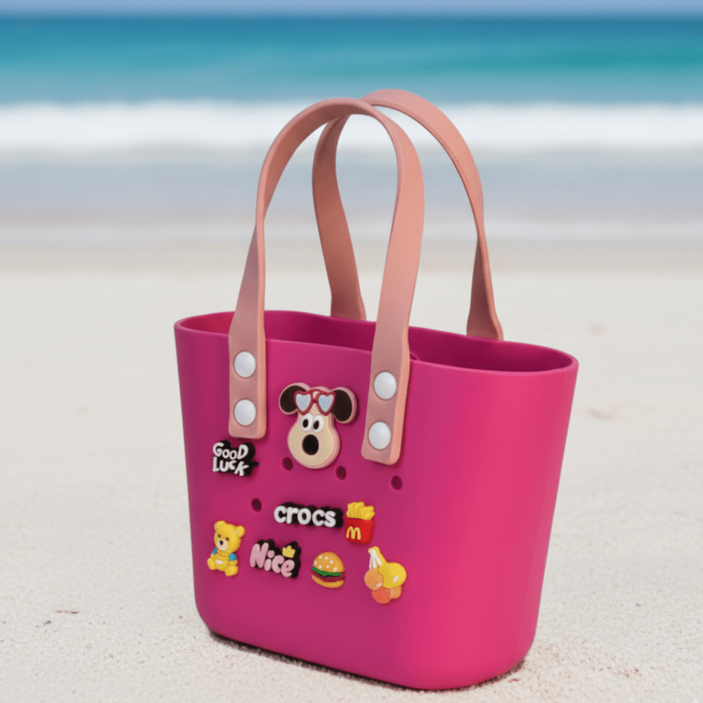 Cute Cartoon Charm Tote Bag for KidsKids BagsCRAFTY CUDDLEPink tote bag with cartoon character and text on a beachDark PinkKidsToteBag BeachBag SummerAccessories CuteKidsStyle GirlsHandbag WaterproofBag CartoonBag TrendyKids VacationReady GiftForGirls