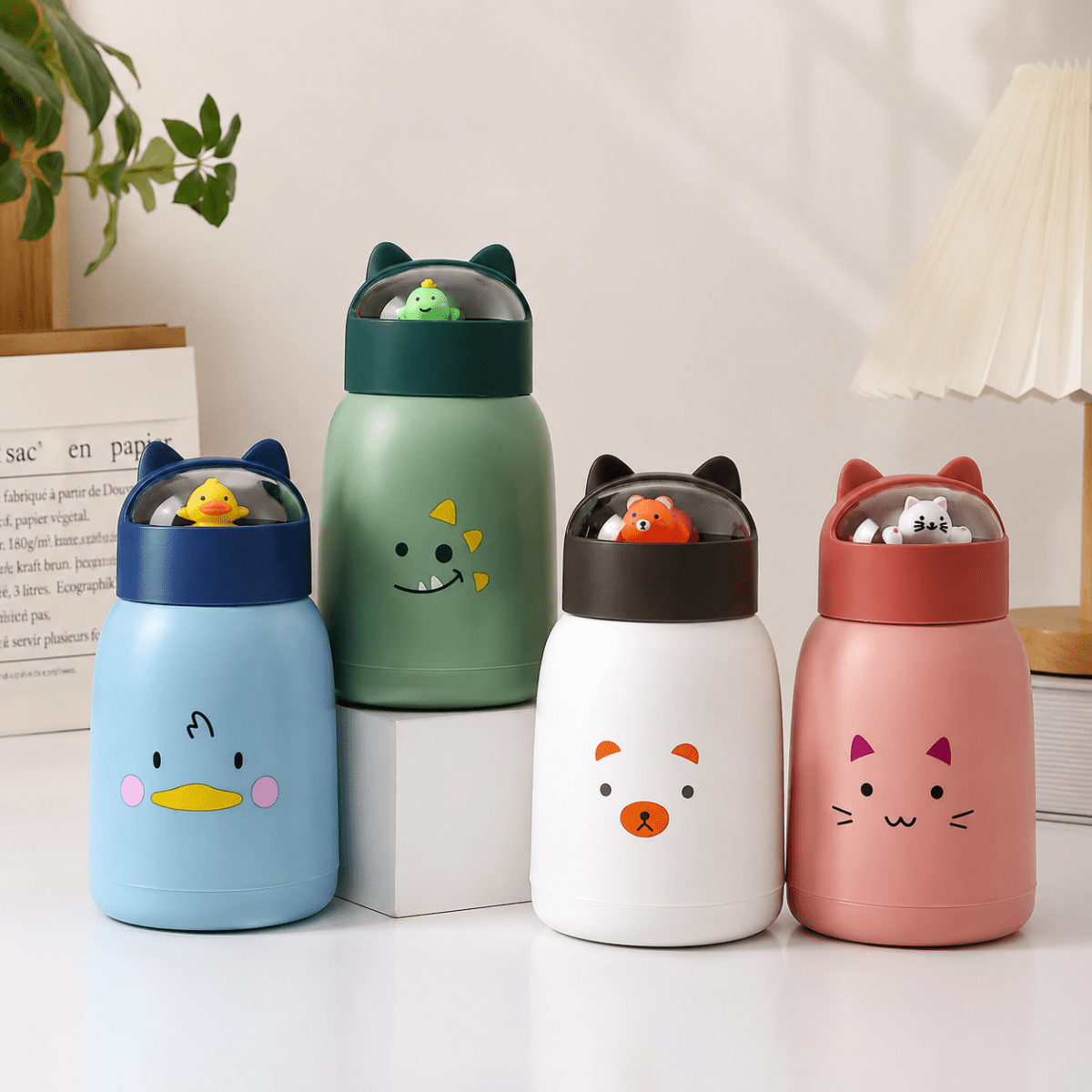 Cute Cartoon Glass Water BottleCartoon Kids Water BottleCrafty CuddleFour cute animal-themed glass water bottles with cat-ear lids and small animal figures on top, arranged on a white surface with a white block and a lamp in the background.BlueKidsWaterBottle GlassWaterBottle CuteWaterBottle CartoonBottle SchoolEssentials KidsAccessories LeakproofBottle BackToSchool KidsLifestyle CraftyCuddle