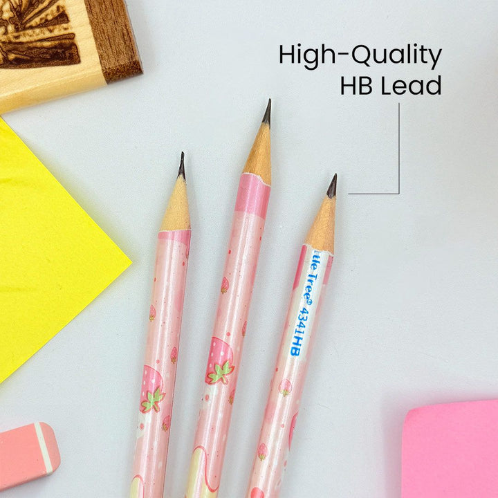 Cute Cartoon HB Pencils with EraserWriting PencilsCRAFTY CUDDLEThree pink pencils with strawberry design on a light gray background, labeled &