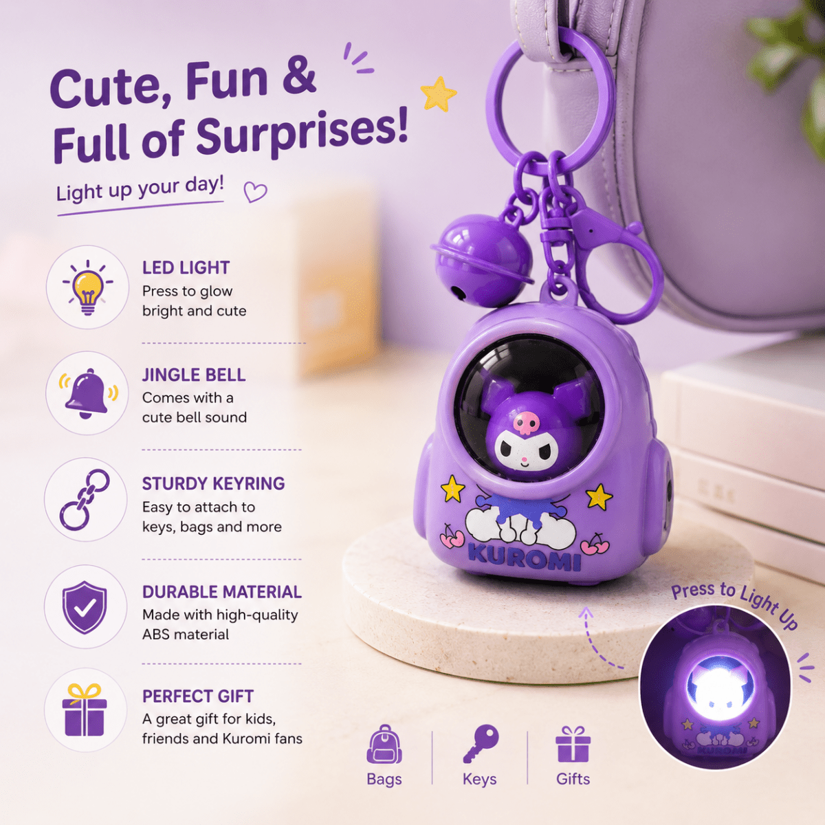 Cute Cartoon LED Keychain with BellKeychainsCrafty CuddlePurple Kuromi-themed keychain bag charm with a small bell, key ring, and LED light feature, shown on a pedestal with product feature callouts and text on a soft pastel background.CuteKeychain CartoonKeychain BagCharm KeychainCollection KawaiiAccessories CuteAccessories GiftIdeas ReturnGifts StationeryLovers CraftyCuddleStationeryAddict