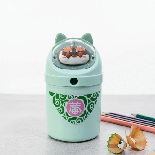Cute Cartoon Manual Pencil SharpenerStationery > Erasers &amp; SharpenersCRAFTY CUDDLECute cartoon cat - shaped pencil sharpener with green design on a white backgroundGreenKidsStationery CuteStationery KawaiiStationery SchoolSupplies StationeryAddict CartoonStationery BackToSchool StudyEssentials PastelStationery StationeryLove