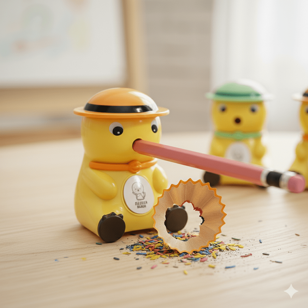 Cute Cartoon Manual Pencil SharpenerStationery > Erasers &amp; SharpenersCRAFTY CUDDLEYellow duck - shaped pencil sharpener with a pink pencil, surrounded by colorful sprinkles on a light wooden surface.KidsStationery CuteStationery SchoolSupplies PencilSharpener CartoonStationery BackToSchool StationeryAddict StudyEssentials ReturnGifts StationeryLovers