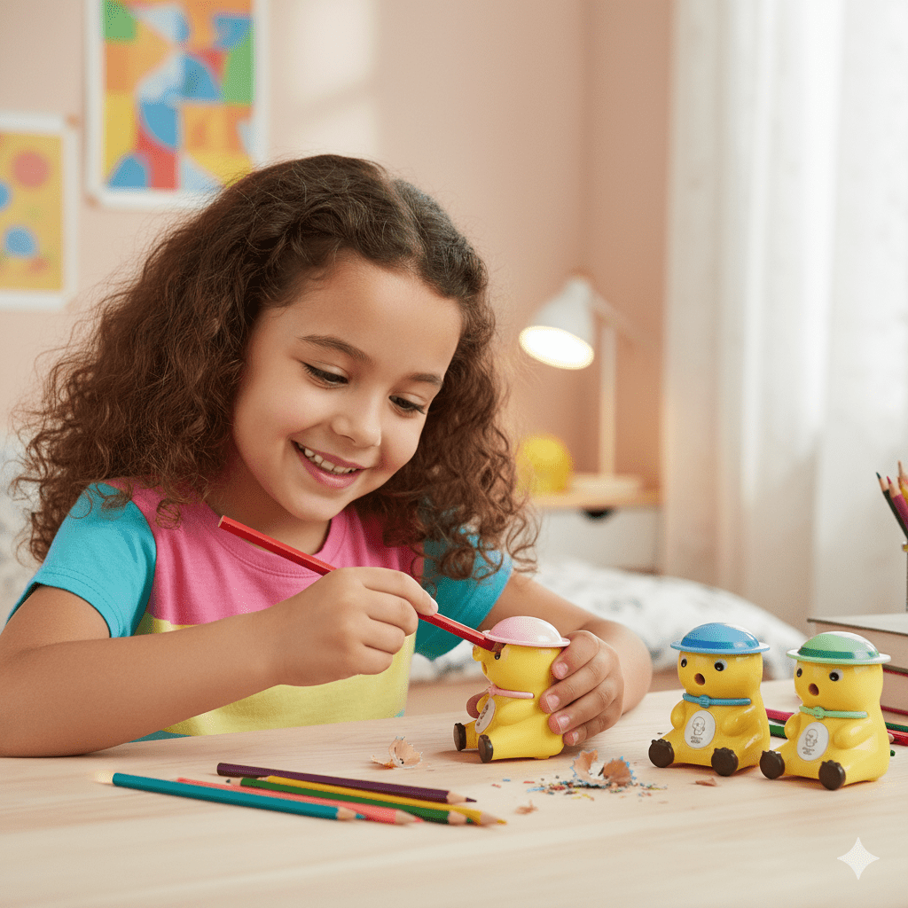 Cute Cartoon Manual Pencil SharpenerStationery > Erasers &amp; SharpenersCRAFTY CUDDLEChild playing with colorful pencil sharpeners at a deskKidsStationery CuteStationery SchoolSupplies PencilSharpener CartoonStationery BackToSchool StationeryAddict StudyEssentials ReturnGifts StationeryLovers