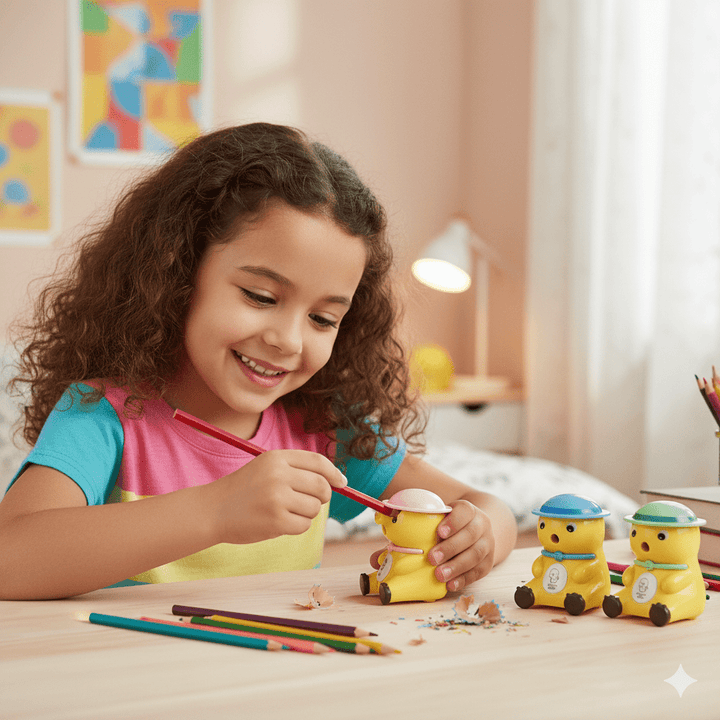 Cute Cartoon Manual Pencil SharpenerStationery > Erasers &amp; SharpenersCRAFTY CUDDLEChild playing with colorful pencil sharpeners at a deskKidsStationery CuteStationery SchoolSupplies PencilSharpener CartoonStationery BackToSchool StationeryAddict StudyEssentials ReturnGifts StationeryLovers