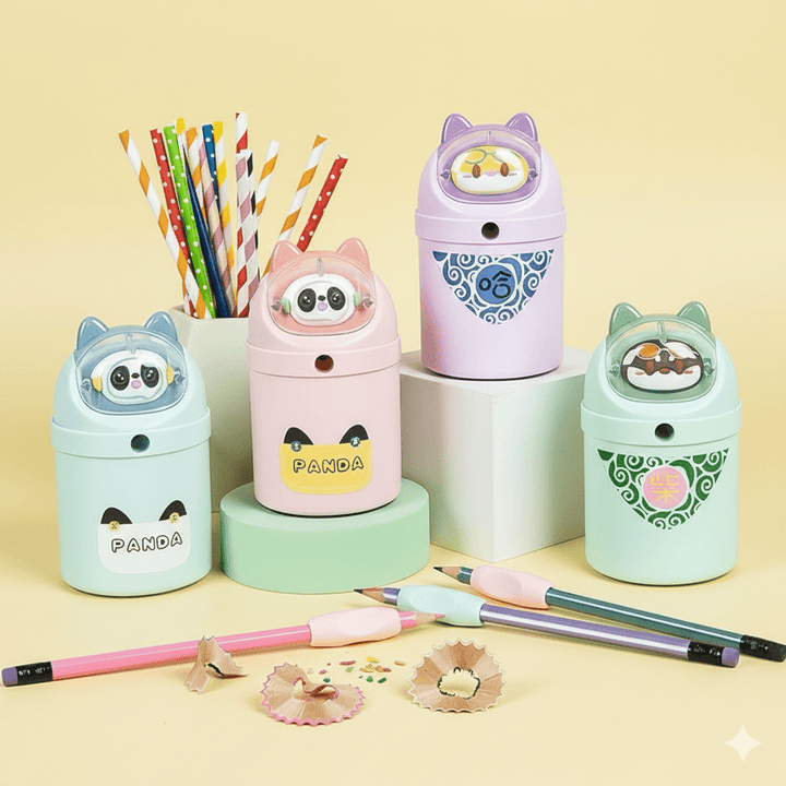 Cute Cartoon Manual Pencil SharpenerStationery > Erasers &amp; SharpenersCRAFTY CUDDLESet of colorful pencil sharpeners with panda design on a yellow backgroundBlueKidsStationery CuteStationery KawaiiStationery SchoolSupplies StationeryAddict CartoonStationery BackToSchool StudyEssentials PastelStationery StationeryLove