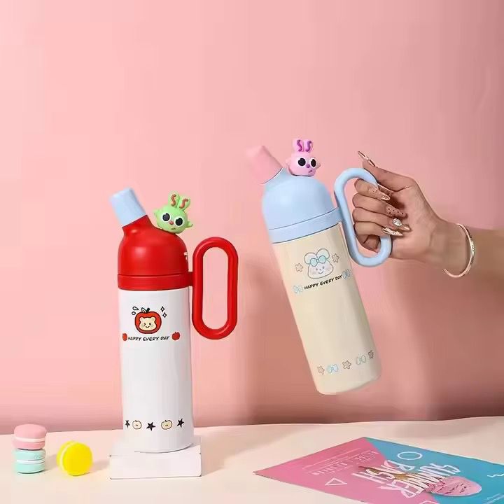 Cute Cartoon Stainless Steel Water Bottle with HandleCartoon Kids Water BottleCrafty CuddleTwo children&