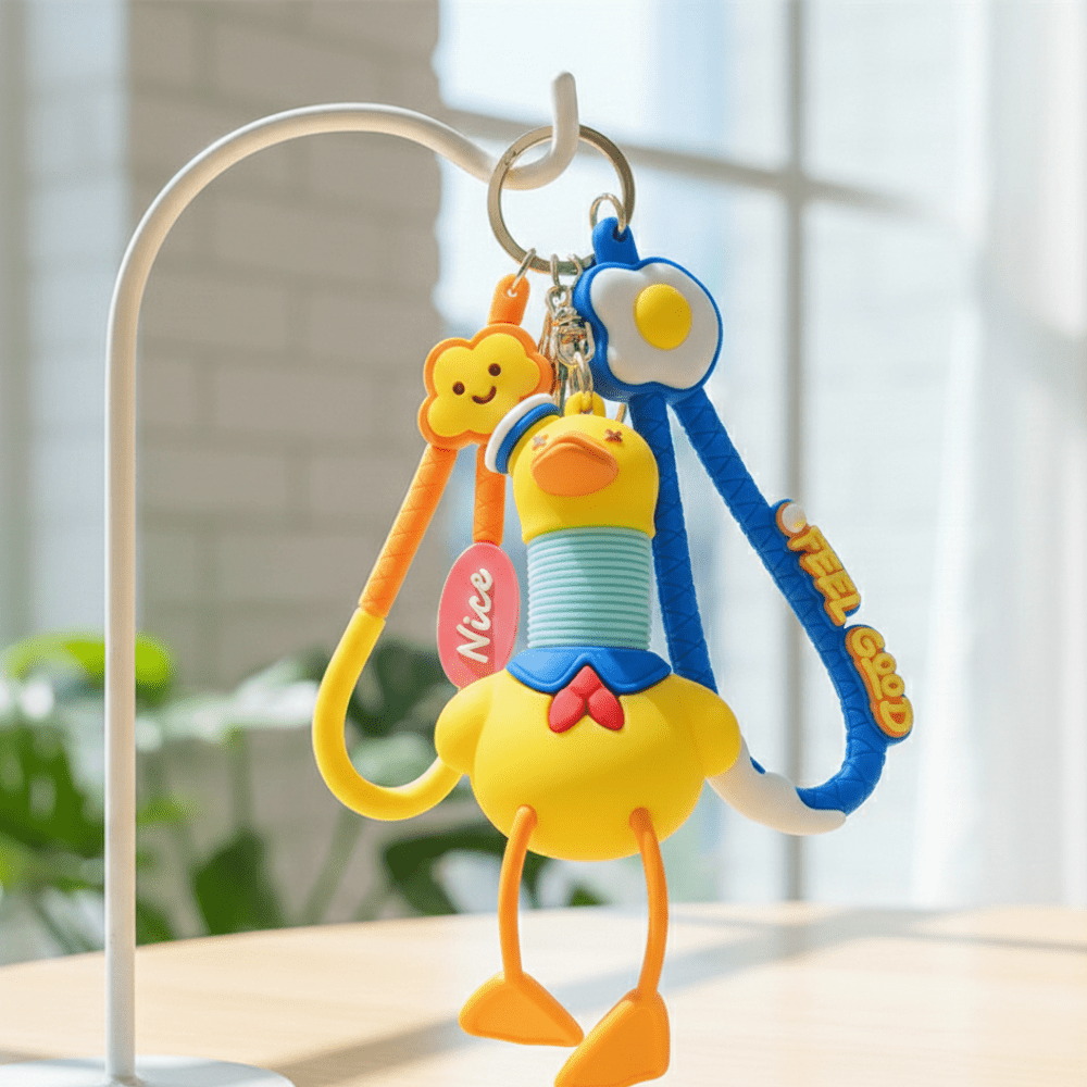 Cute Cartoon Stretchy KeychainKeychainsCRAFTY CUDDLEColorful keychain with a duck design on a stand against a blurred indoor backgroundDuckCuteKeychain KawaiiAccessories KidsStationery ReturnGiftIdeas PartyFavor BackpackCharm FidgetToy KidsGifts TrendingToys BagAccessories