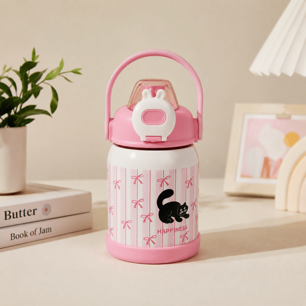 Cute Cartoon Water BottleCartoon Kids Water BottleCrafty CuddlePink and white thermos with black cat design on a table with books and a plant.PinkKidsWaterBottle SchoolBottle InsulatedWaterBottle StrawBottle LeakproofBottle KidsLifestyle SchoolEssentials GiftForKids CuteKidsProducts CraftyCuddleStationeryAddict