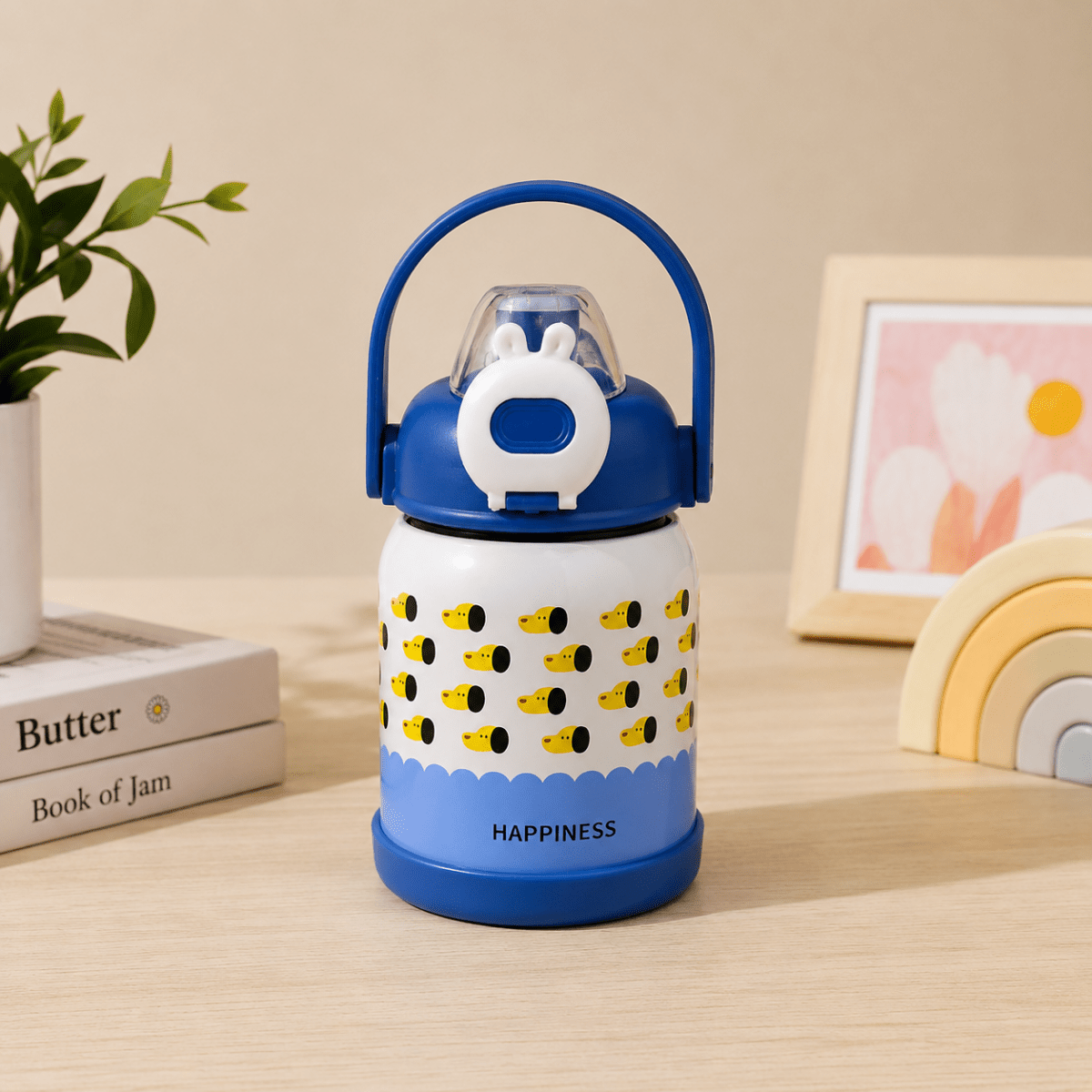 Cute Cartoon Water BottleCartoon Kids Water BottleCrafty CuddleChildren's thermos with blue lid and white body featuring yellow duck patterns on a wooden surface.BlueKidsWaterBottle SchoolBottle InsulatedWaterBottle StrawBottle LeakproofBottle KidsLifestyle SchoolEssentials GiftForKids CuteKidsProducts CraftyCuddleStationeryAddict