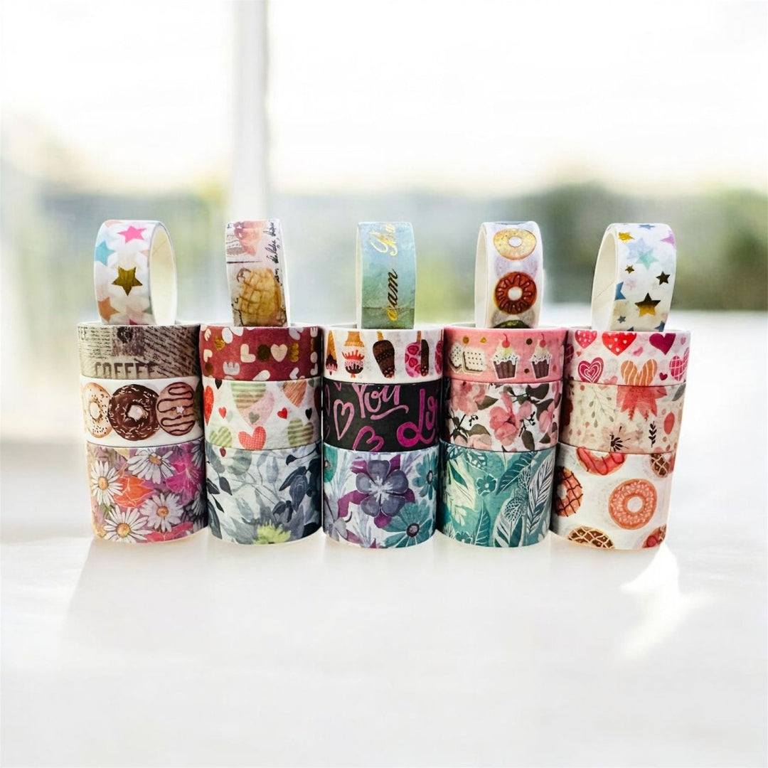 Cute Dessert &amp; Heart Theme Washi Tape Box – 50 RollsDecorative Washi TapeCRAFTY CUDDLESet of colorful washi tape rolls on a white surface with a blurred backgroundwashitape washitapelove washitapecollection papercrafts diycrafts journaling bulletjournal plannerdecor creativejournaling stationerylovers aestheticstationery