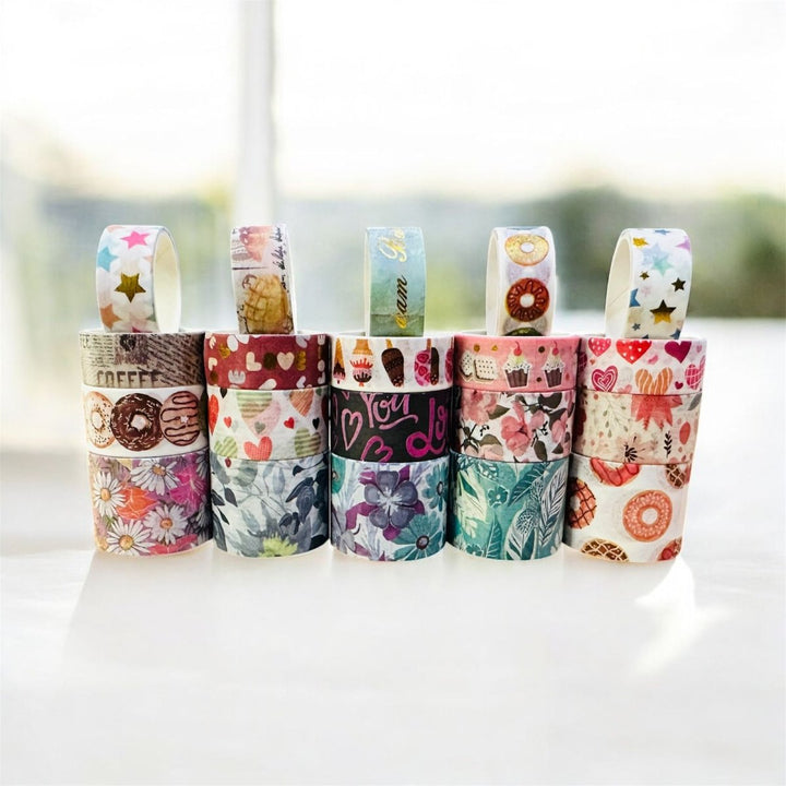 Cute Dessert &amp; Heart Theme Washi Tape Box – 50 RollsDecorative Washi TapeCRAFTY CUDDLESet of colorful washi tape rolls on a white surface with a blurred backgroundwashitape washitapelove washitapecollection papercrafts diycrafts journaling bulletjournal plannerdecor creativejournaling stationerylovers aestheticstationery