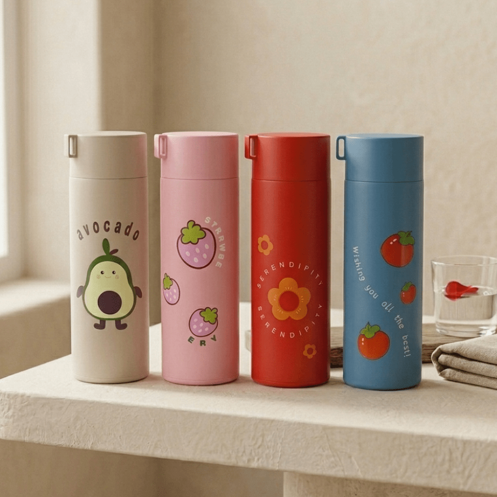 Cute Fruit Print Glass Water BottleCartoon Kids Water BottleCrafty CuddleFour colorful thermos bottles with cartoon designs on a light surface.PinkWaterBottle CuteBottle FruitPrint KidsBottle GlassBottle SchoolEssentials KawaiiProducts DailyUse BackToSchool HydrationStyle