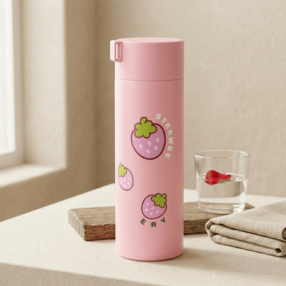 Cute Fruit Print Glass Water BottleCartoon Kids Water BottleCrafty CuddlePink thermos bottle with strawberry design on a light surfacePinkWaterBottle CuteBottle FruitPrint KidsBottle GlassBottle SchoolEssentials KawaiiProducts DailyUse BackToSchool HydrationStyle