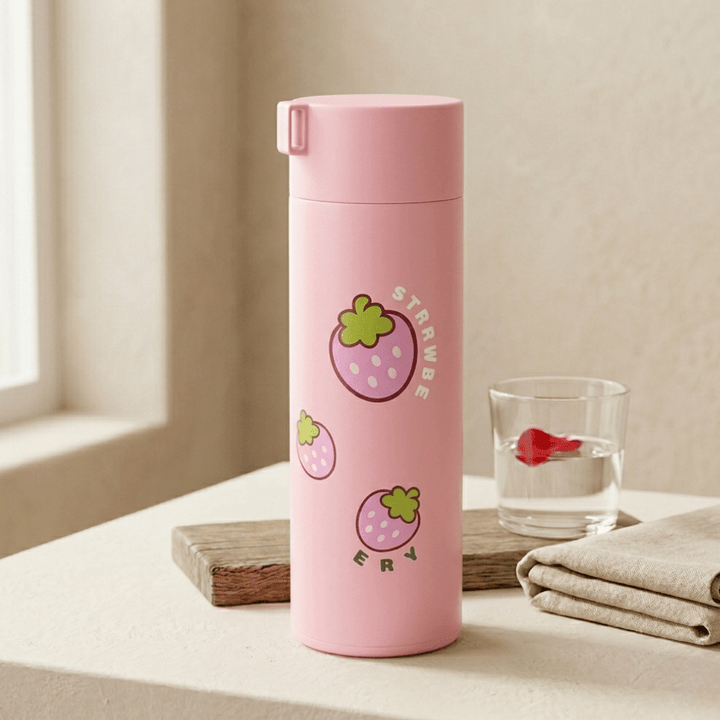Cute Fruit Print Glass Water BottleCartoon Kids Water BottleCrafty CuddlePink thermos bottle with strawberry design on a light surfacePinkWaterBottle CuteBottle FruitPrint KidsBottle GlassBottle SchoolEssentials KawaiiProducts DailyUse BackToSchool HydrationStyle